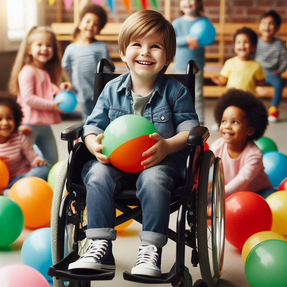 Child in a wheelchair holding a colorful ball